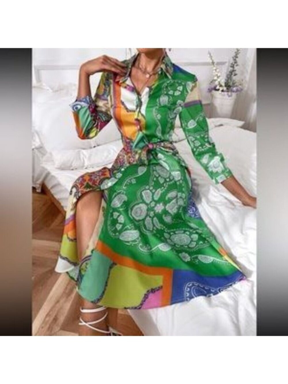 Boho floral print belted shirt dress